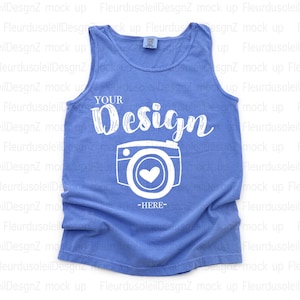 Comfort Colors 9360 Flo Blue Tank Top Mockup, CC9360 Blue Grey Tank Flat Lay, Real Photo, Simple Minimal Neutral Basic Background Mockup