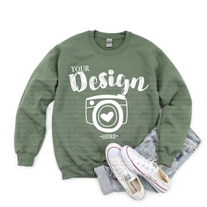 Gildan 18000 Heavy Blend Crewneck Sweatshirt Mockup 18000 Military Green Mock Up Flat Lay Gildan Mockups Sweatshirt Mockup