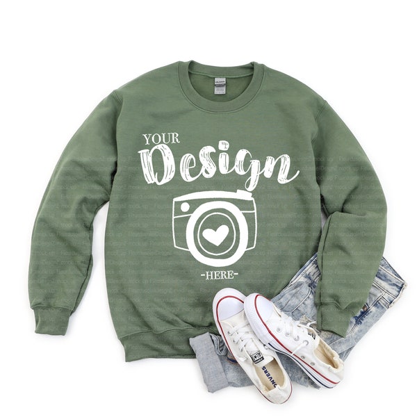 Gildan 18000 Heavy Blend Crewneck Sweatshirt Mockup 18000 Military Green Mock Up Flat Lay Gildan Mockups Sweatshirt Mockup