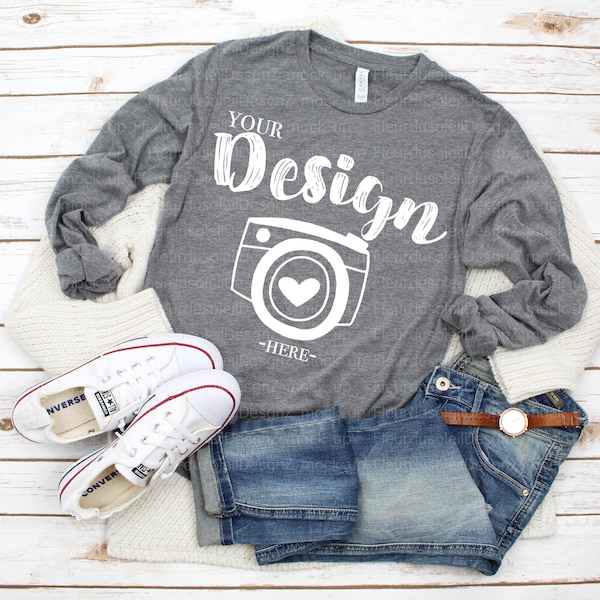 Bella Canvas 3501 Grey Triblend Unisex T-shirt Mock Up  grey shirt template women tee mockup bella canvas mockup long sleeve shirt template