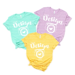 Easter mockup Heather Prism Lilac/Heather Mint/heather yellow gold Bella Canvas 3001 Flat Lay Mock Up Trio Shirt Mock Up