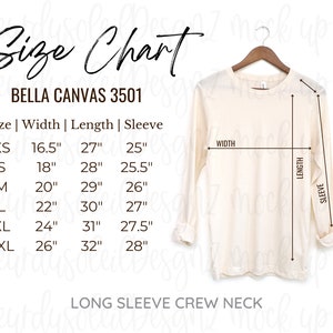 Bella Canvas 3501 size chart 3501 long sleeve mockup Bella Canvas unisex size chart long sleeve hanging mockup simple size chart