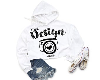 Bella Canvas 7502 Weiß Crop Hoodie Mockup | Damen Crop Hoodie Sweatshirt Mockup | Weiß 7502 Crop Hoodie Flatlay