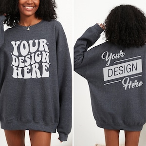 Front and Back 18000 Gildan Dark Heather Heavy Blend Sweatshirt Mockup Model Sweatshirt Mock up Gildan 18000 oversized mockup