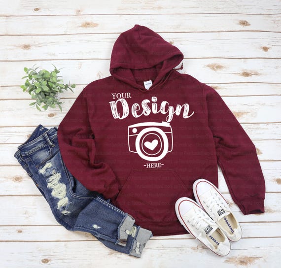 Cardinal Red Gildan 18500 Hooded Sweatshirt Brand hoodie Mockup t-shirt mockup gildan Flat Lay Shirt Mock Up White Wooden Background