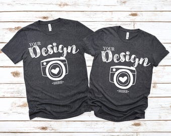 Couple t-shirt mockup Bella Canvas 3001 Dark grey heather Mock Up Shirts Couple Flat Lay bella canvas mockups bella canvas 3001 mockup