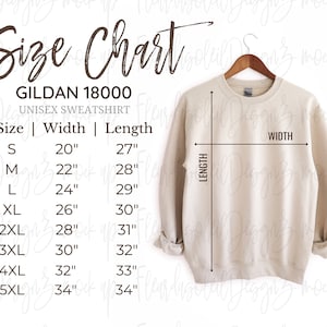 Gildan 18000 Größentabelle | Größentabelle für Gildan | Gildan 1800 Mockup und Größentabelle | Weißer Hintergrund Gildan 18000 Größenanleitung