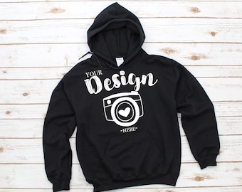 Gildan 18500 Hooded Sweatshirt Brand Black hoodie Mockup t-shirt mockup gildan Flat Lay Shirt Mock Up White Wooden Background