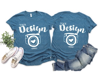 Front and Back Bella Canvas 3001 Heather Deep Teal Flat Lay Mockup bella canvas 3001 mockup T-shirt Mockup Unisex Tee Mockup tee mockup