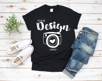 Gildan 5000 Black Unisex TShirt Mockup,t-shirt mockup gildan Flat Lay Shirt Mock Up,Modern Shirt Mockup,Fall mockup,White Wooden Background