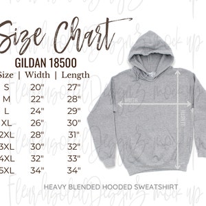 Größentabelle für Gildan-Hoodies | Gildan 18500 Größentabelle | Größentabelle für Gildan-Kapuzenpullover | Gildan MOCKUP