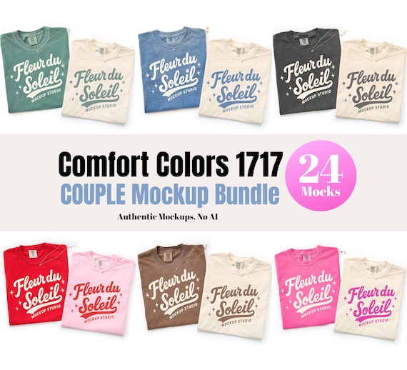 Comfort Colors 1717 Couple Mockup Bundle, CC1717 Matching Shirt Mockup, Folded Flat Lay, 24 Colors, Real Photo, Digital Download