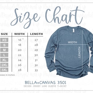 Bella Canvas 3501 Size Chart | Bella Canvas Size Chart | Bella canvas sizing | Long Sleeve Size Chart | 3501 Mockups
