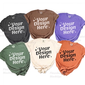Comfort Colors C1717 Group Shirt Mockup | Ivory Pepper Violet Yam Moss Tee Flat Lay | CC1717 Fall Halloween T-Shirt Mock-up