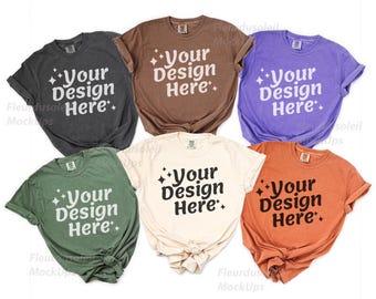 Camiseta Comfort Colors C1717 Group Mockup | Camiseta Marfim Pimenta Violeta Yam Moss Flat Lay | Camiseta Outono Halloween CC1717
