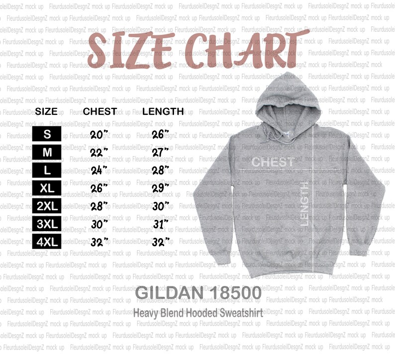 Gildan Hoodie Size Chart Gildan 18500 Size Chart Gildan | Etsy