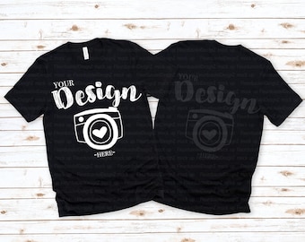 Front & Back Bella canvas 3001 Black TShirt Mockup t-shirt mockup  Shirt Mock Up,Modern Shirt Mockup, White Wooden Background