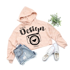 Bella Canvas 7502 peach Crop Hoodie Mockup | Womens Crop Hoodie Sweatshirt Mockup | White 7502 Crop Hoodie Flatlay