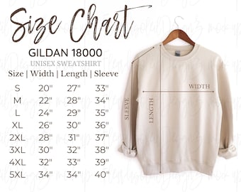 Guide des tailles Gildan 18000 | Guide des tailles du sweat-shirt | Maquette Gildan 18000 | Tableau des tailles unisexe