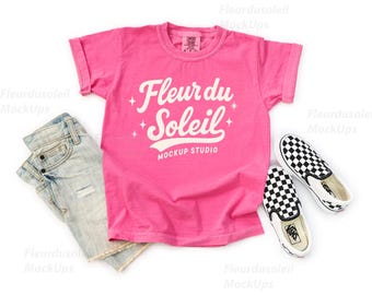 Comfort Colors C9018 Crunchberry Youth T-Shirt Mockup | 9018 pink Kids Tee Mock-up | Real Product Photo | Minimal Neutral Styled Shirt