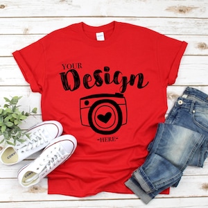 Gildan 5000 red Unisex TShirt Mockup,t-shirt mockup gildan Flat Lay Shirt Mock Up,Modern Shirt Mockup,Fall mockup,White Wooden Background