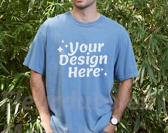 Comfort Colors C1717 Blue Jean Shirt Mockup,  Simple Minimal Long Untucked Tshirt Comfort Colors 1717 Male model Real Model Mock
