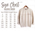 Gildan 18000 Size Chart | Hanging Size Chart for Gildan | Gildan 1800 Mockup and size chart | White background Gildan 18000 Size Guide