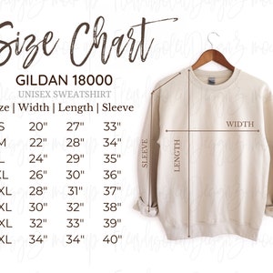 Gildan 18000 Größentabelle | Größentabelle für Gildan | Gildan 1800 Mockup und Größentabelle | Weißer Hintergrund Gildan 18000 Größentabelle