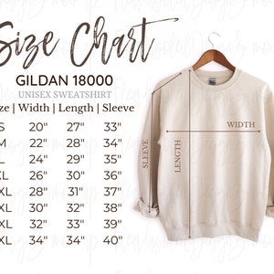 Gildan 18000 Size Chart | Hanging Size Chart for Gildan | Gildan 1800 Mockup and size chart | White background Gildan 18000 Size Guide