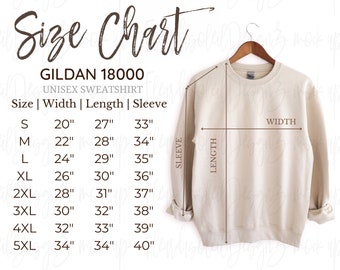 Gildan 18000 Size Chart | Hanging Size Chart for Gildan | Gildan 1800 Mockup and size chart | White background Gildan 18000 Size Guide