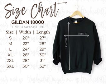 Gildan 18000 Size Chart | Sweatshirt Size Guide | Gildan 18000 Mockup | Unisex Crewneck Size Chart