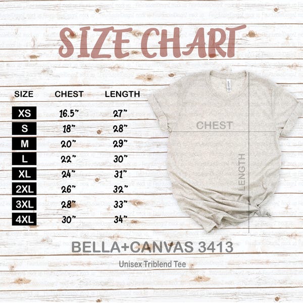 Bella + Canvas 3413 Size Chart | Bella Canvas Size Chart | Bella Canvas mockup Size Chart | bella canvas Unisex Triblend Tee