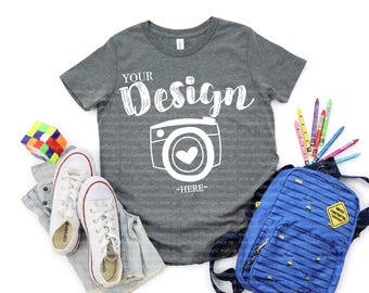 Bella Canvas 3001Y Deep Heather Jugend T-Shirt Mockup | Kinder T-Shirt flach gelegt | Echtes Shirt Mockup | Minimal