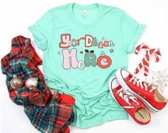 Mockup da camiseta Bella Canvas 3001 | Mockup da camiseta Bella Canvas 3001 na cor Heather Mint | Mockup de Natal | Mockup de Festas