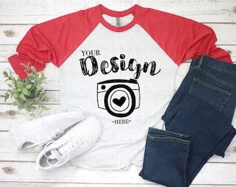 Next Level 6051 Vintage Red Heather White Unisex Baseball T-shirt Mockup, Mock Up, Flat Lay Mockup