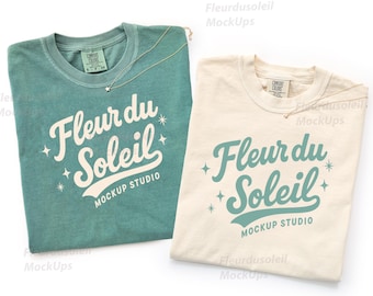 Comfort Colors 1717 Couple Mockup | Matching CC1717 Ivory & Light Green Shirt Mockup | Bridal Party Bachelorette Flatlay