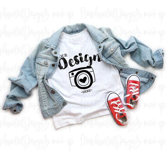 Bella Canvas 3001T White Kids Shirt Mockup, BC3001T Toddler Tee Flat Lay, Real Photo, Simple Minimal Neutral Basic Plain Background Mockup