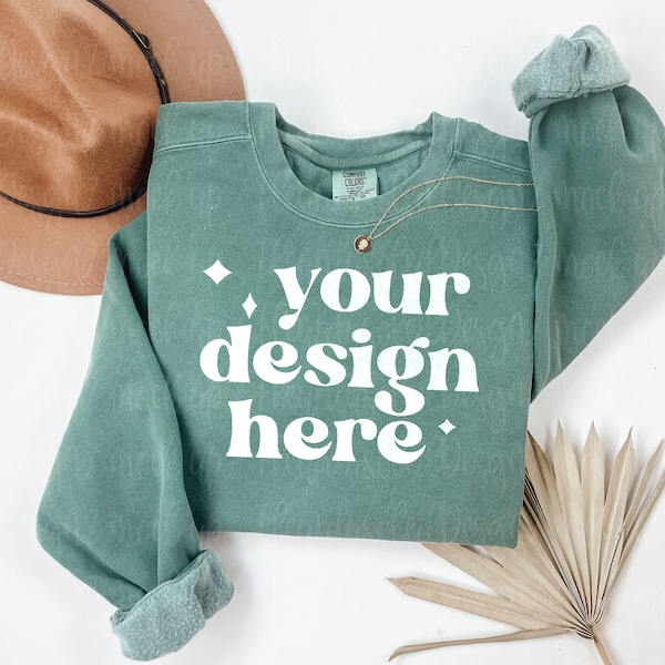 Comfort Colors C1566 Light Green Sweatshirt Mockup C1566 Light Green Crewneck Mock-up Flat Lay Mock Simple Minimal Aesthetic Green Mock