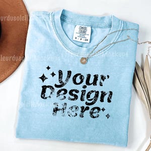 Comfort Colors C1717 Chambray Mockup, Blue Shirt Mockup, CC1717 Flat Lay T-Shirt Mockup, Minimal Plain Background Mockup