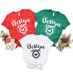 Bella Canvas 3001 kelly- red- White Flat Lay Mock Up Flat Lay Bella Canvas mock up T-shirt Mockup Christmas Mockup trio