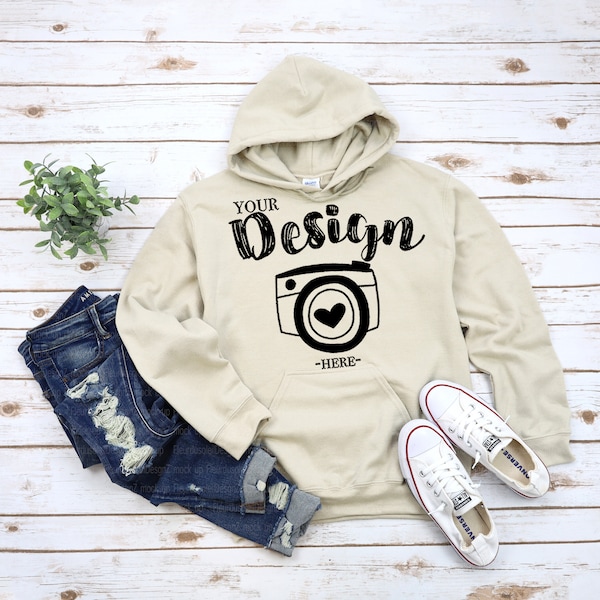 Gildan 18500 Hooded Sweatshirt Brand Sand hoodie Mockup t-shirt mockup gildan Flat Lay Shirt Mock Up White Wooden Background