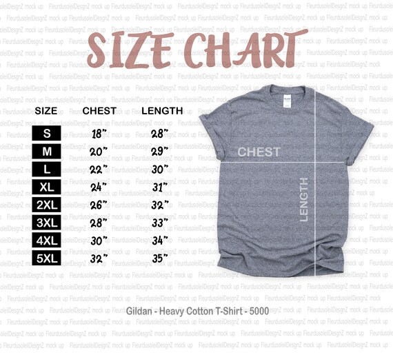 Gildan Size Chart | Gildan 5000 Size Chart | Gildan mockup Size Chart | Gildan Unisex T-Shirt Mockup Size Chart