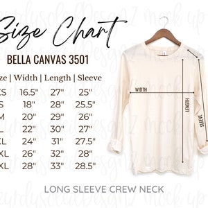 XS-3XL Bella Canvas 3501 Tabla de tallas / Bella Canvas Tabla de tallas / Bella canvas tallas / Manga larga Tabla de tallas / 3501 Mockups