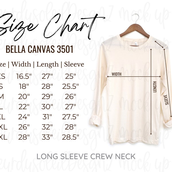 XS-3XL Bella Canvas 3501 Size Chart | Bella Canvas Size Chart | Bella canvas sizing | Long Sleeve Size Chart | 3501 Mockups