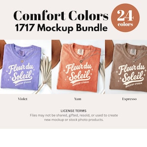 May include: A mockup bundle featuring three Comfort Colors t-shirts in violet, yam, and espresso. Each shirt displays the "Fleur du Soleil" logo. The image includes the text "Comfort Colors 1717 Mockup Bundle" and "24 colors".
