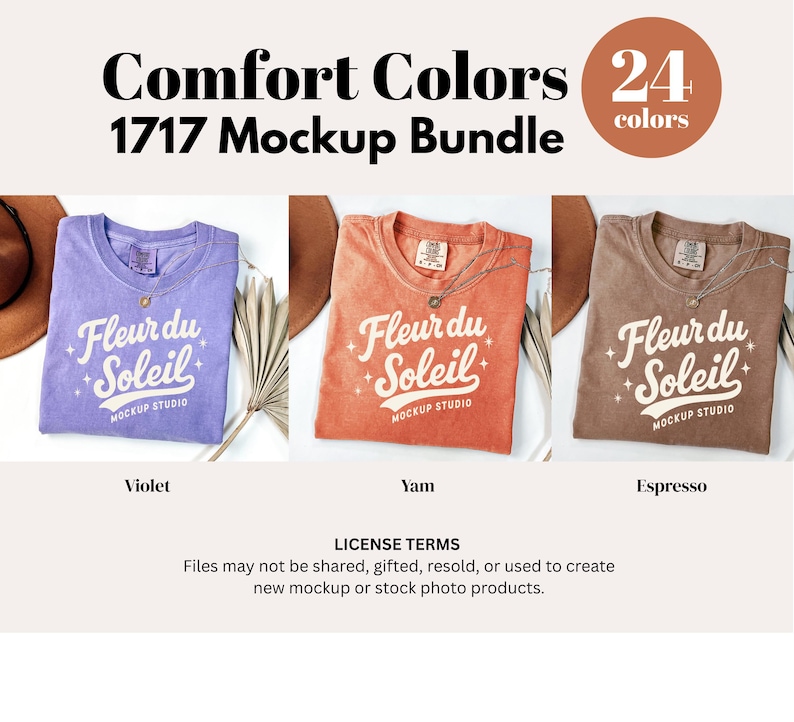 May include: A mockup bundle featuring three Comfort Colors t-shirts in violet, yam, and espresso. Each shirt displays the "Fleur du Soleil" logo. The image includes the text "Comfort Colors 1717 Mockup Bundle" and "24 colors".
