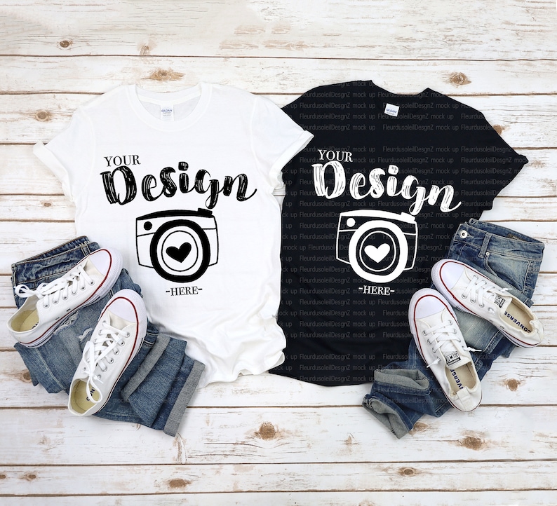 Download Gildan Family Blank T-Shirt Gildan 64000 White & Black Mock Up | Etsy
