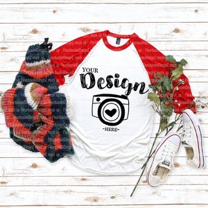 Tultex 245 raglans White-Red Christmas Mockup Flat Lay Mockup raglan mockup Raglan Flat Lay Mockups Raglan Mockups