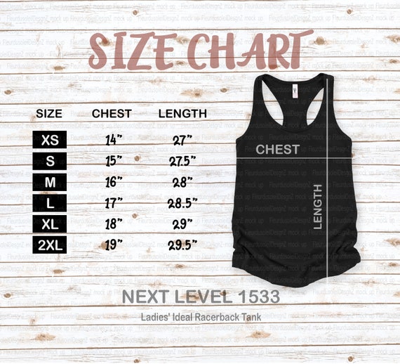Next Level Size Chart | Next Level 1533 Size Chart | NEXT LEVEL mockup |  tee Size Chart | Racerback Tank Size Chart