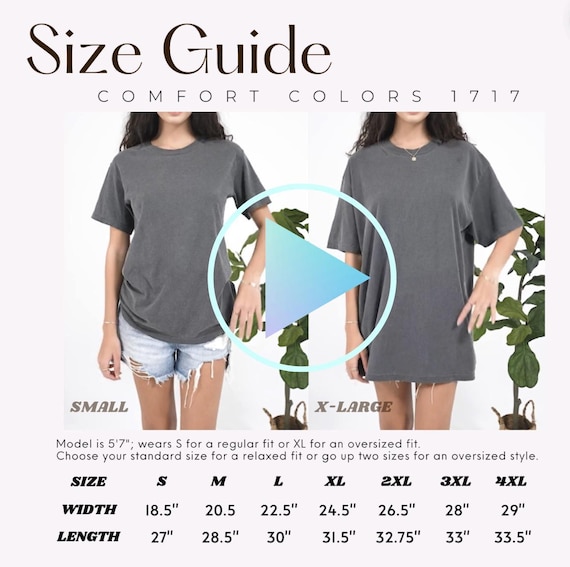 VIDEO Comfort Colors 1717 Size Guide, video mockup, T-shirt Sizing Guide, C1717 POD Size Comparison Chart